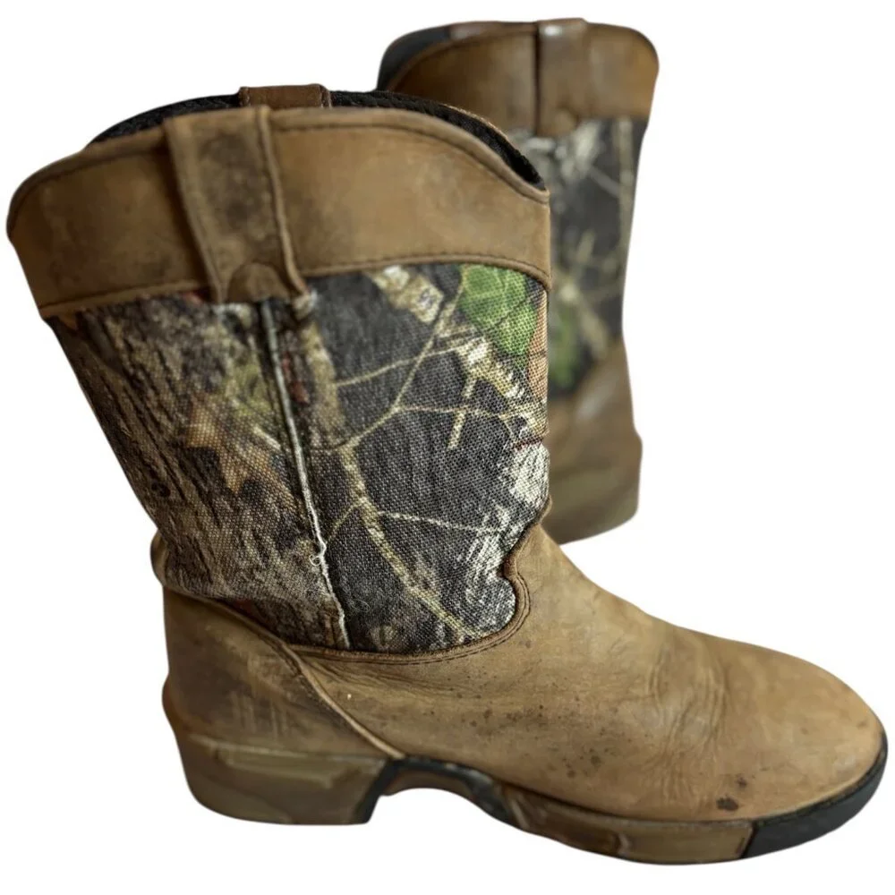 Rocky Kids Leather Western Camouflage 6” Outdoor Brown Slip On Boots Size 4M